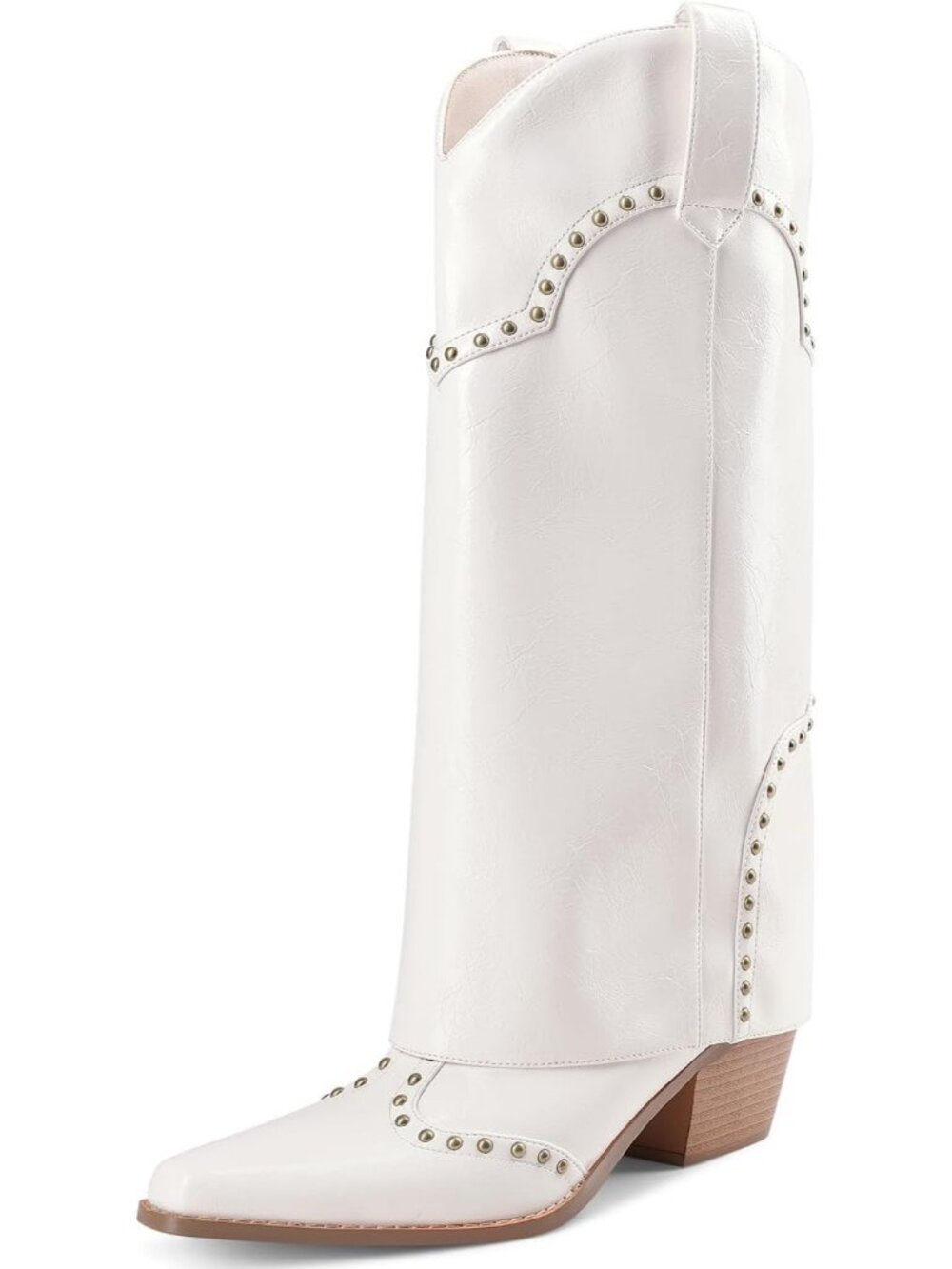Women Shark Boots Knee High Pure White Cowgirl Fold Over Chunky Heel Snip Toe